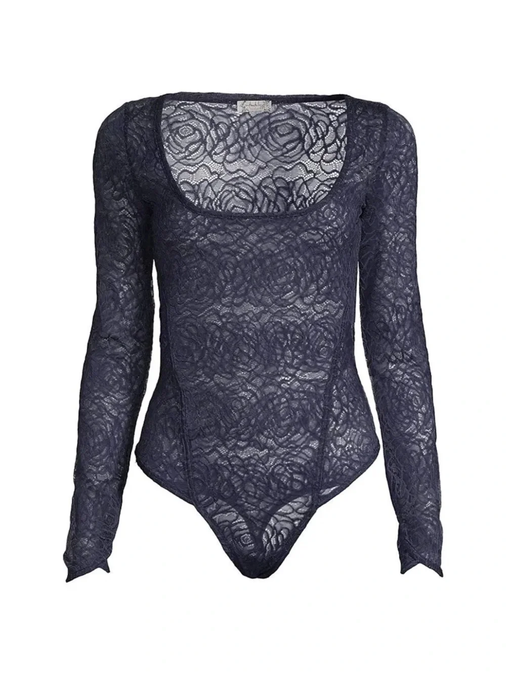 Free People Navy Sheer Floral Lace Long-Sleeve Bodysuit